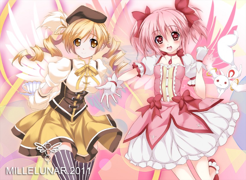 kaname madoka, tomoe mami, and kyubey (mahou shoujo madoka magica) drawn by millelunar