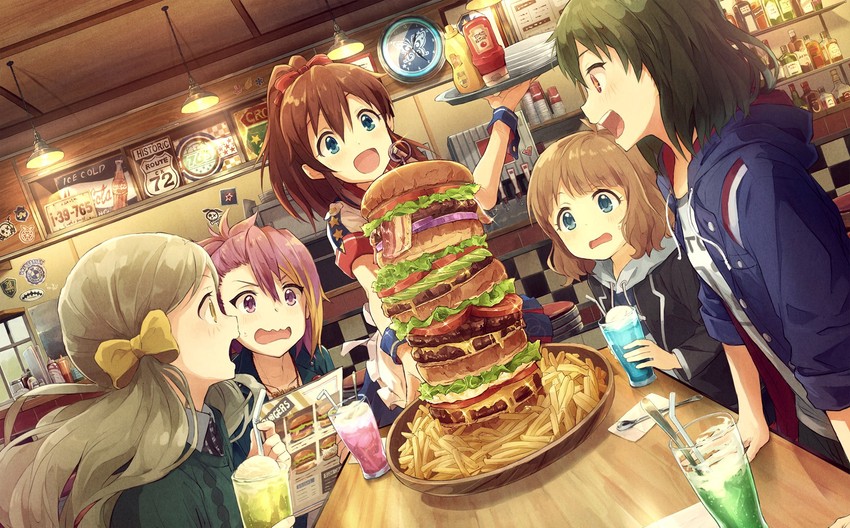 suou momoko, satake minako, handa roco, nagayoshi subaru, and maihama ayumu (idolmaster and 1 more) drawn by marimo_(momiage)
