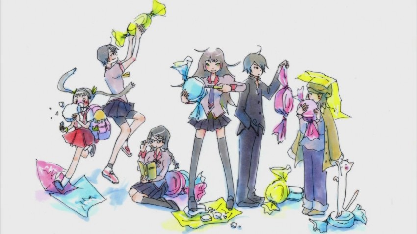 senjougahara hitagi, hanekawa tsubasa, sengoku nadeko, hachikuji mayoi, araragi koyomi, and 1 more (monogatari and 1 more)