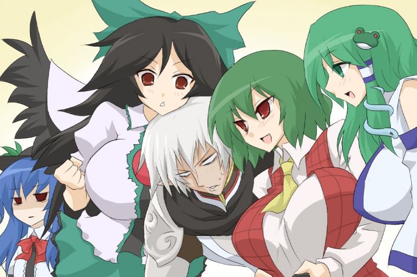 kochiya sanae, reiuji utsuho, kazami yuuka, hinanawi tenshi, and buront (touhou and 2 more) drawn by oro_(zetsubou_girl)