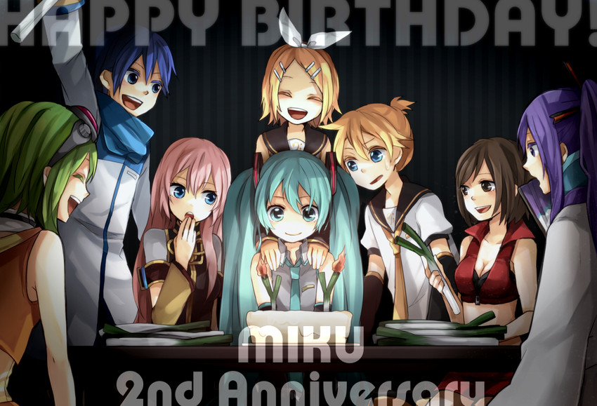 hatsune miku, kagamine rin, kagamine len, megurine luka, kaito, and 3 more (vocaloid) drawn by tama_(songe)