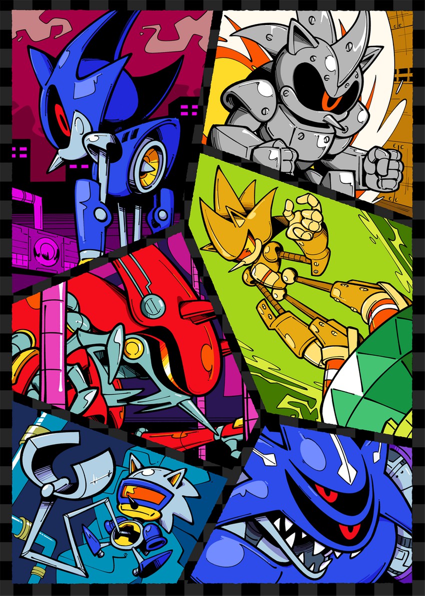 metal sonic, metal overlord, mecha sonic mkii, mecha sonic mki, and metal sonic kai (sonic and 6 more) drawn by shenanimation