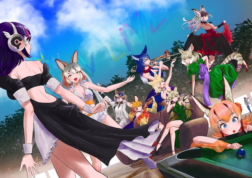 island fox, humboldt penguin, caracal, brown long-eared bat, coyote, and 5 more (kemono friends and 1 more) drawn by aburaeoyaji