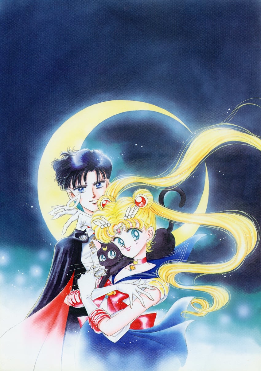 tsukino usagi, sailor moon, luna, chiba mamoru, and tuxedo kamen (bishoujo senshi sailor moon) drawn by takeuchi_naoko