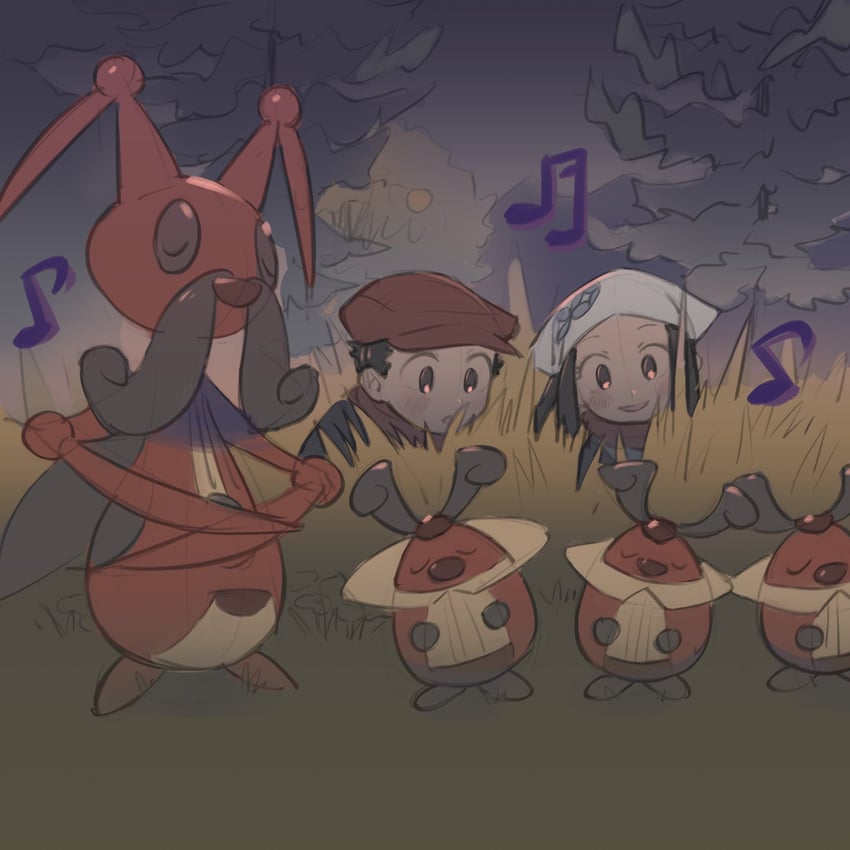 akari, rei, kricketune, and kricketot (pokemon and 1 more) drawn by kinni