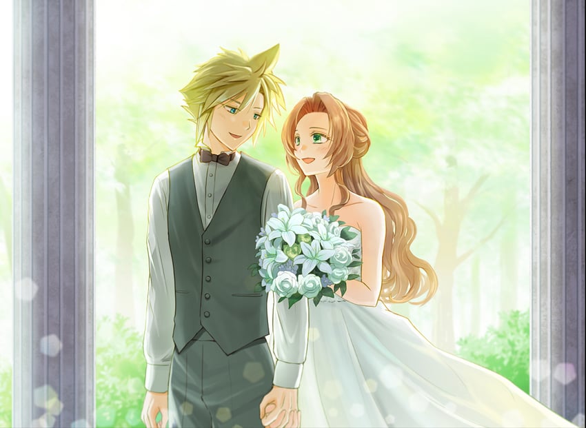 cloud strife and aerith gainsborough (final fantasy and 1 more) drawn by yahokichi_ma