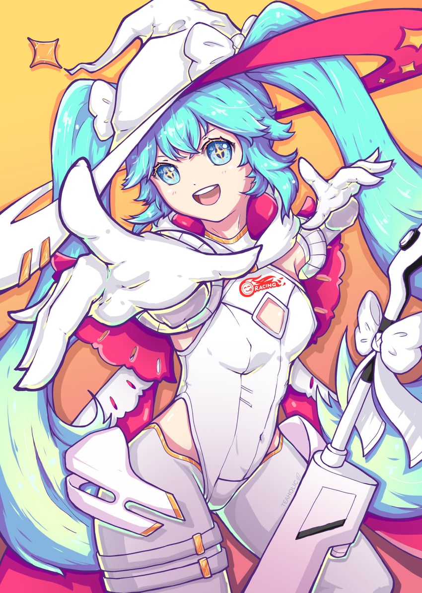 hatsune miku and racing miku (vocaloid and 1 more) drawn by teaholic