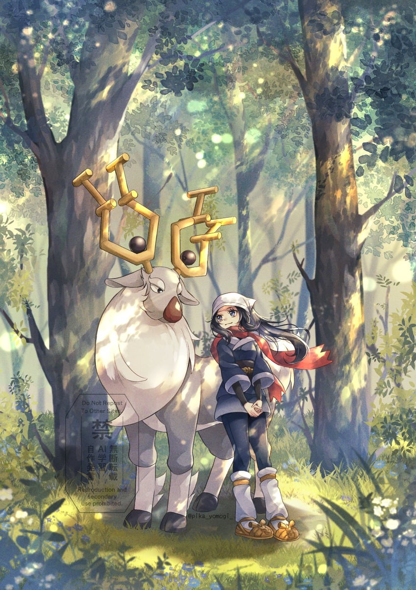 akari and wyrdeer (pokemon and 1 more) drawn by yomogi_(black-elf)