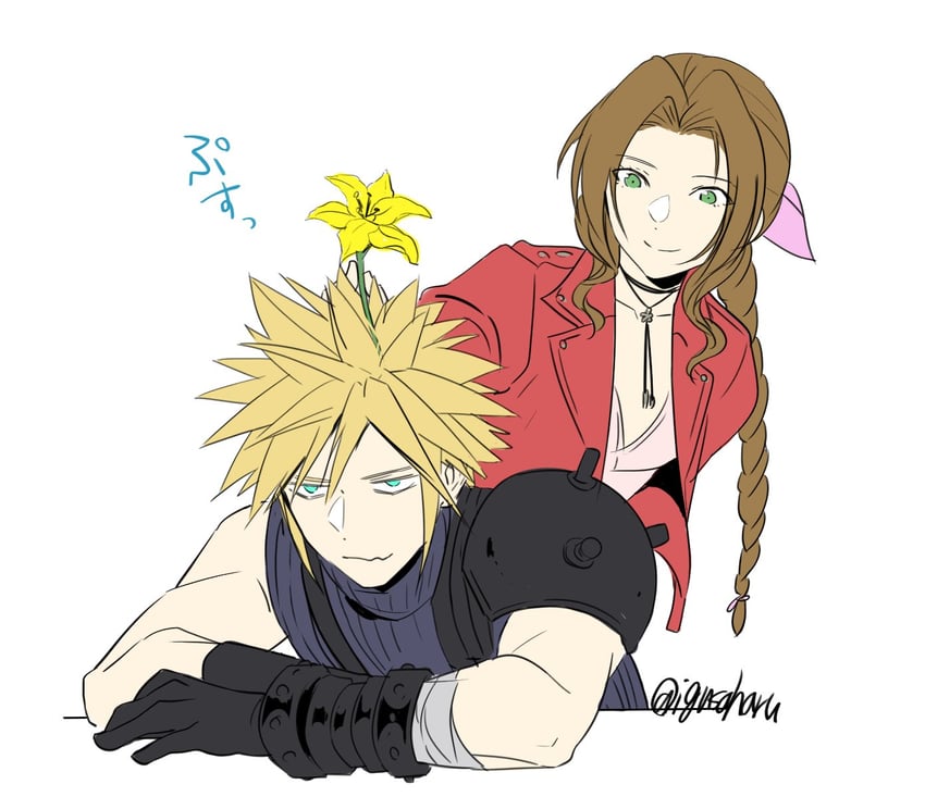 cloud strife and aerith gainsborough (final fantasy and 3 more) drawn by igusaharu