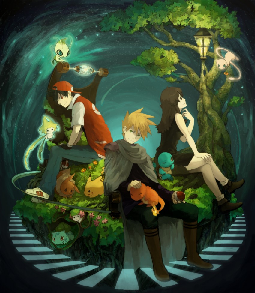 pikachu, red, eevee, blue oak, bulbasaur, and 7 more (pokemon and 2 more) drawn by nagi_(giraf07)