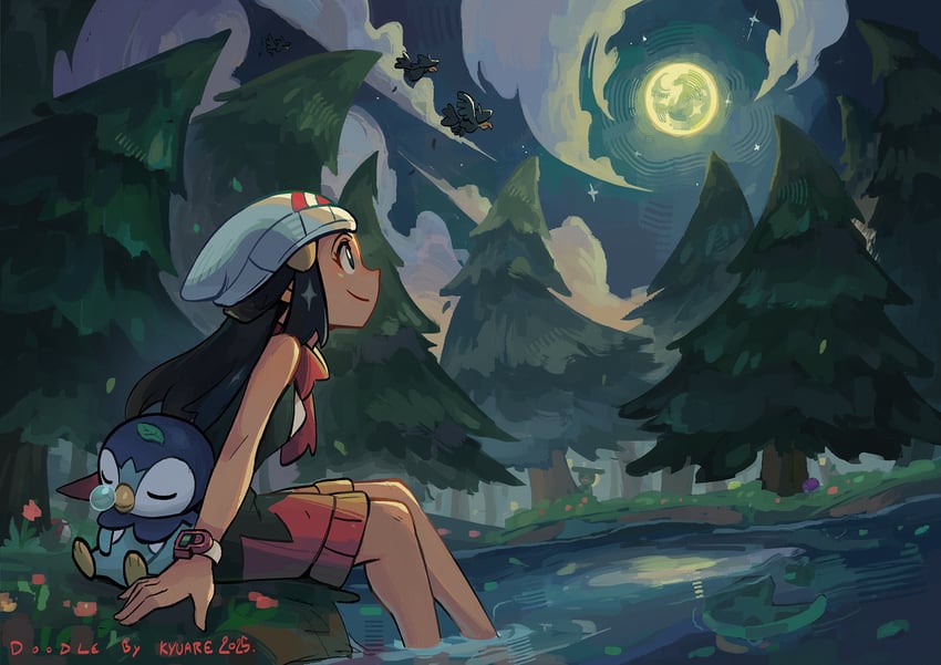 dawn, piplup, darkrai, murkrow, lotad, and 1 more (pokemon and 1 more) drawn by kyuare