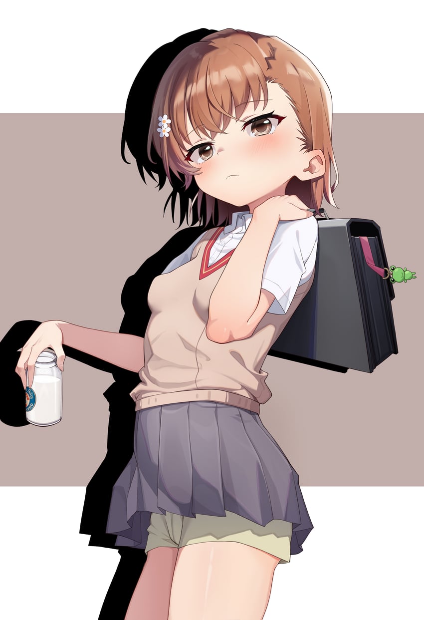 misaka mikoto and gekota (toaru majutsu no index and 1 more) drawn by mushi_(1756559585)