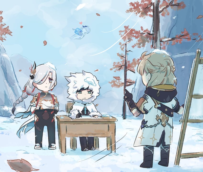 shenhe, yelan, qiqi, albedo, and shenhe's talisman spirit (genshin impact) drawn by xinzoruo