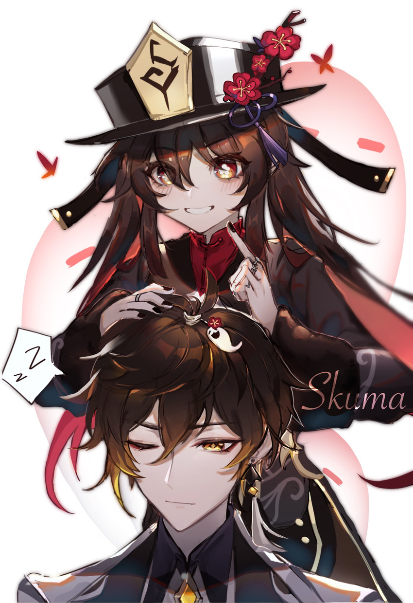 hu tao, zhongli, and boo tao (genshin impact) drawn by skuma442