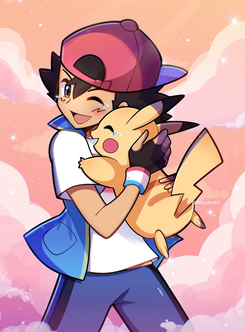 pikachu and ash ketchum (pokemon and 1 more) drawn by touyarokii