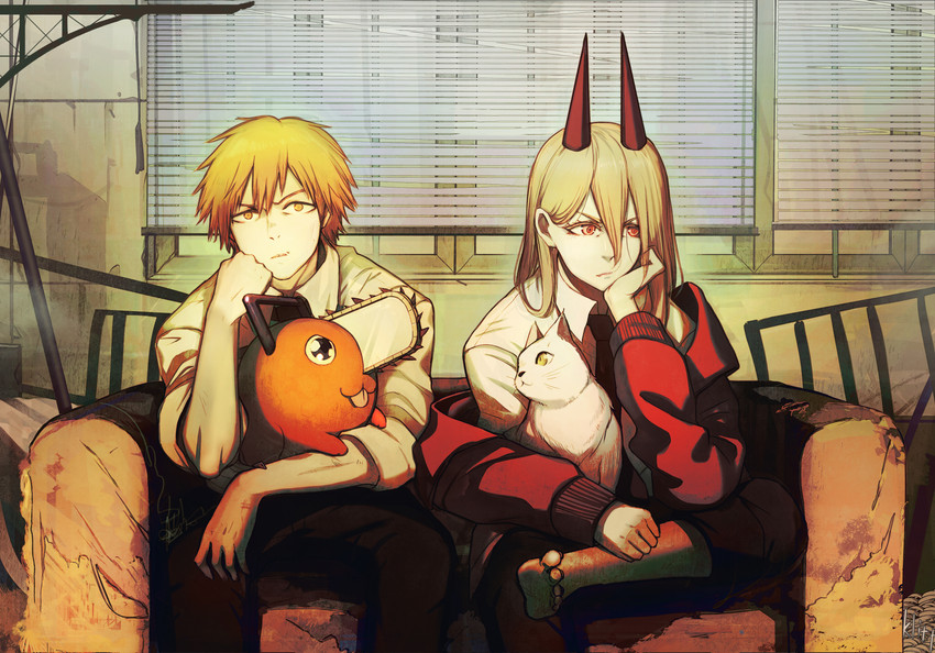 power, denji, pochita, and meowy (chainsaw man) drawn by lc.kid