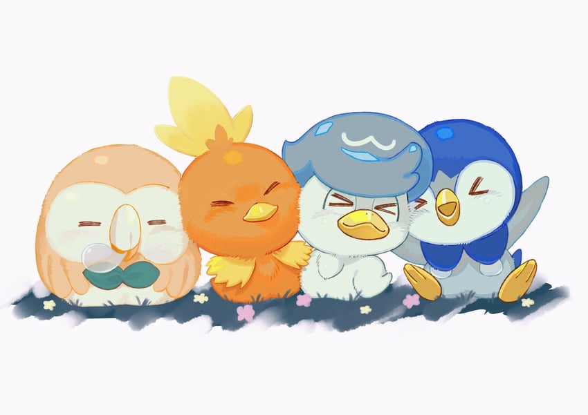 rowlet, piplup, torchic, and quaxly (pokemon) drawn by manokoto
