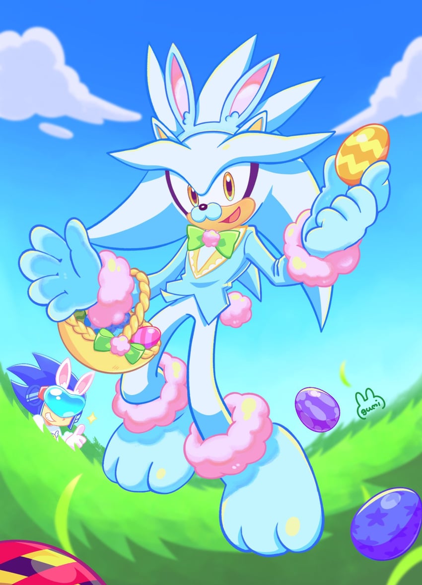 silver the hedgehog, easter bunny, and sonic man (sonic and 1 more) drawn by mintgreen_0101
