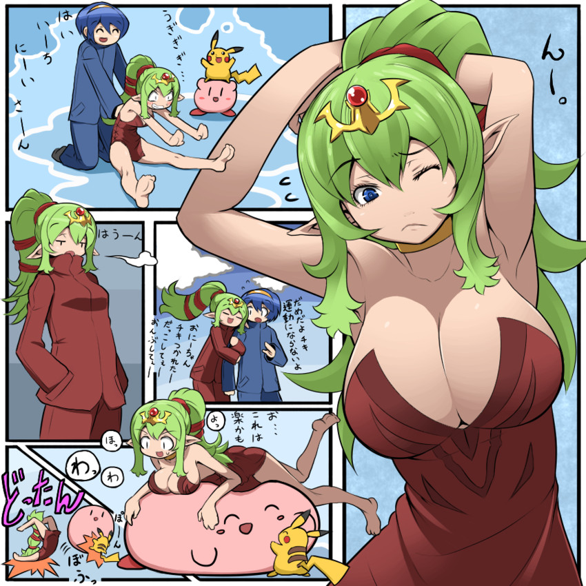pikachu, kirby, marth, and tiki (pokemon and 5 more) drawn by kara_age
