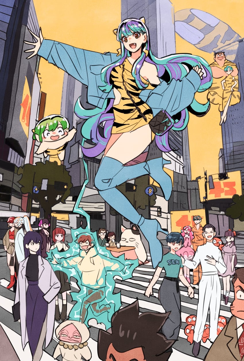 lum, moroboshi ataru, ran, miyake shinobu, benten, and 15 more (urusei yatsura) drawn by takeuchi_ryousuke