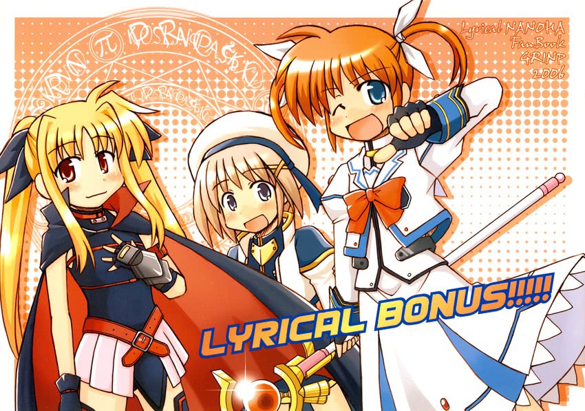 fate testarossa, takamachi nanoha, yagami hayate, and raising heart (lyrical nanoha and 2 more) drawn by nekotoufu