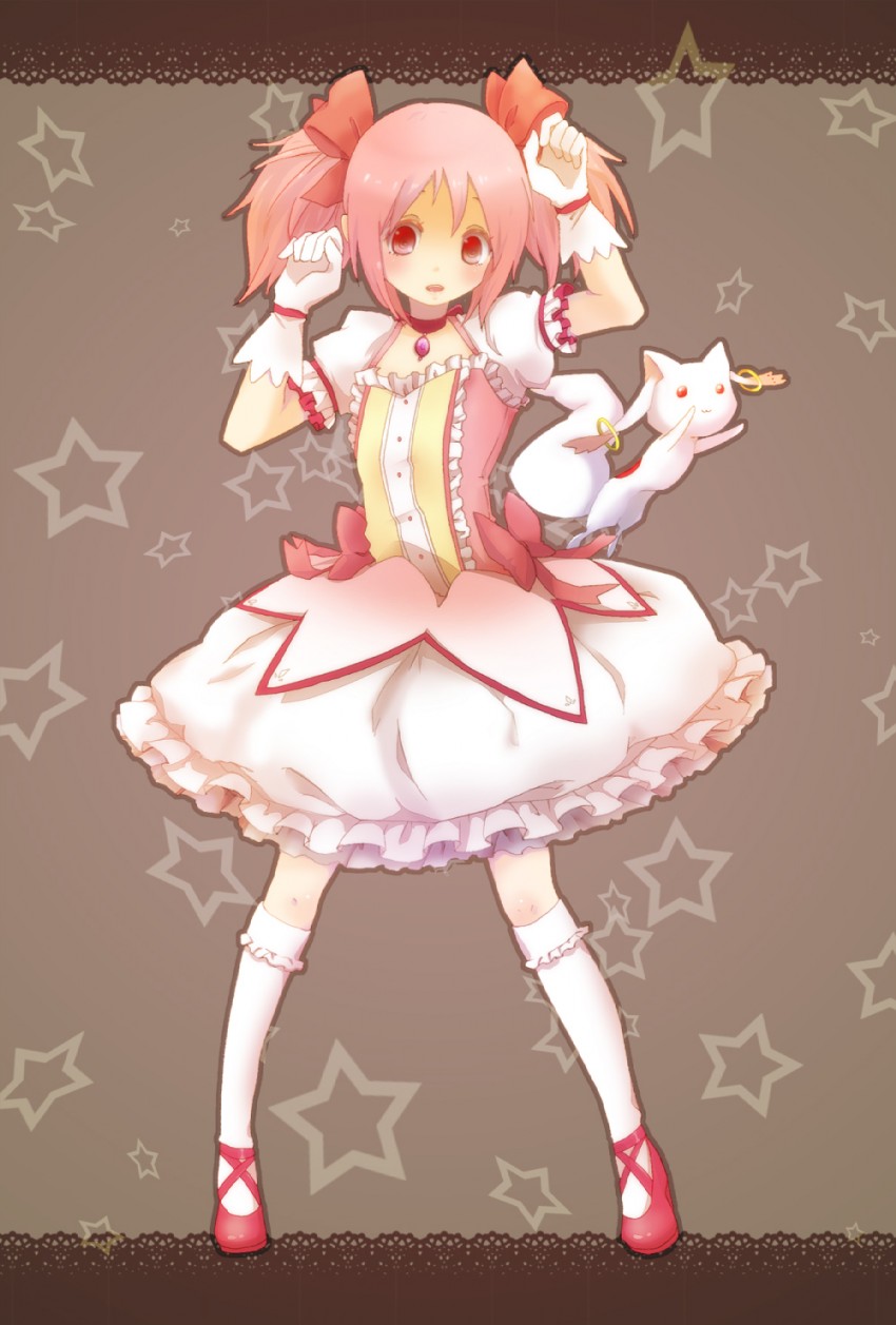 kaname madoka and kyubey (mahou shoujo madoka magica) drawn by myou_mu