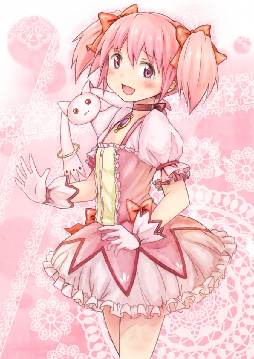 kaname madoka and kyubey (mahou shoujo madoka magica) drawn by yakusa
