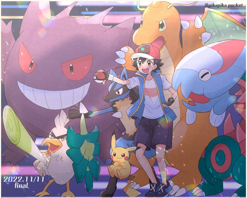 pikachu, ash ketchum, lucario, gengar, dragonite, and 2 more (pokemon and 1 more) drawn by ichi_(pikapikapocket)