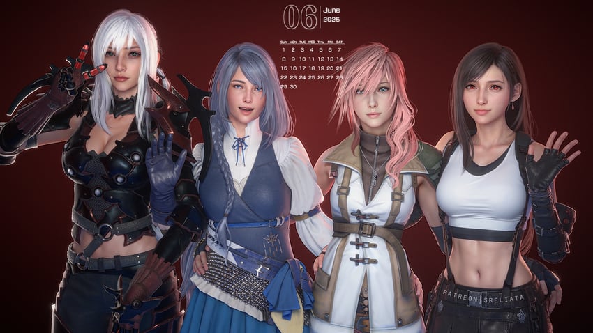 tifa lockhart, lightning farron, jill warrick, and aranea highwind (final fantasy and 5 more) drawn by sreliata