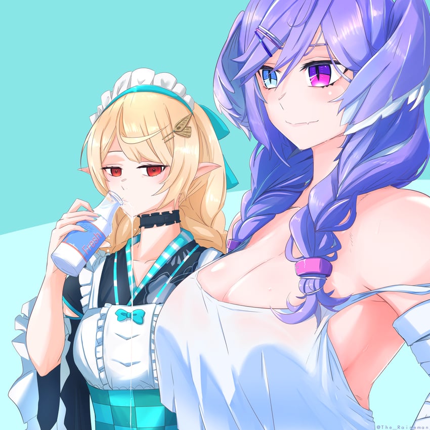 selen tatsuki and pomu rainpuff (nijisanji and 1 more) drawn by the_raineman