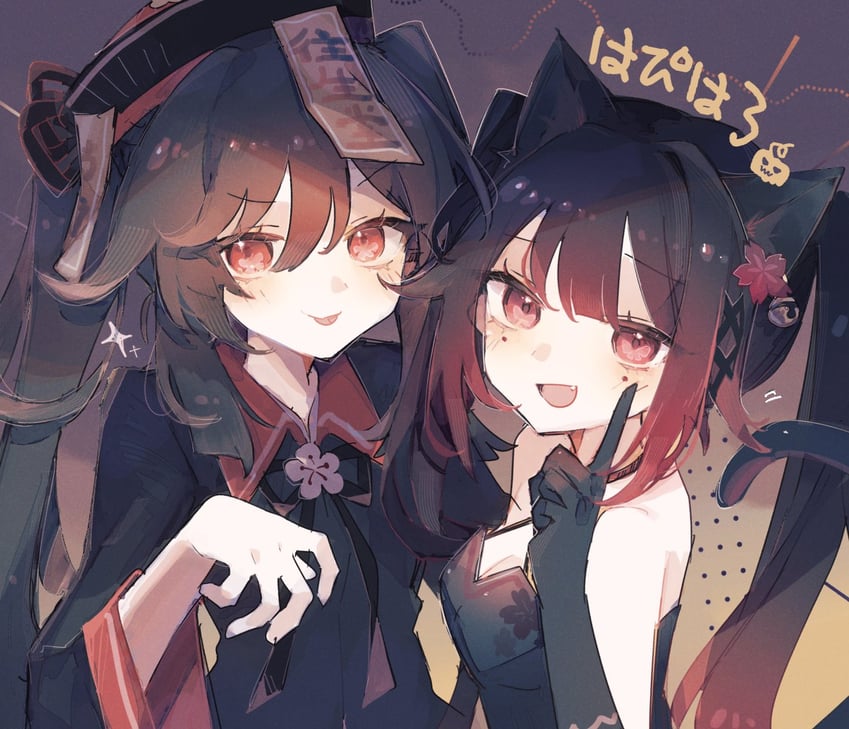 hu tao and sparkle (genshin impact and 3 more) drawn by kino-cands