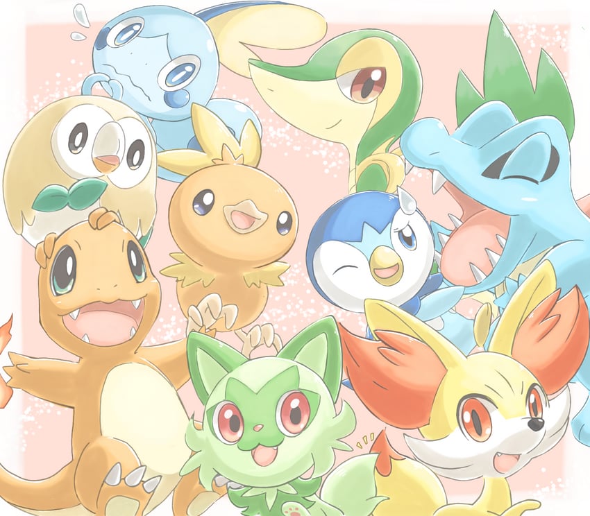 rowlet, piplup, sprigatito, snivy, charmander, and 4 more (pokemon) drawn by kurou_(nndh7223)