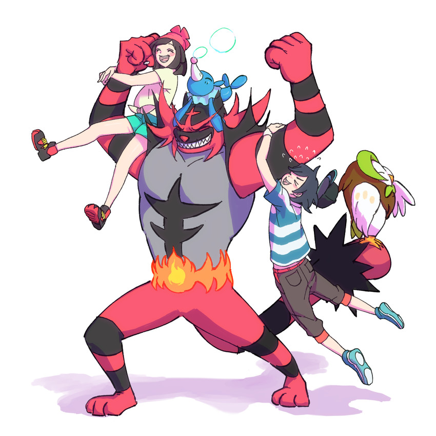 selene, elio, popplio, incineroar, and dartrix (pokemon and 1 more) drawn by amamimaru