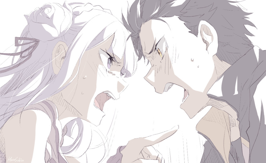 emilia and natsuki subaru (re:zero kara hajimeru isekai seikatsu) drawn by harusabin