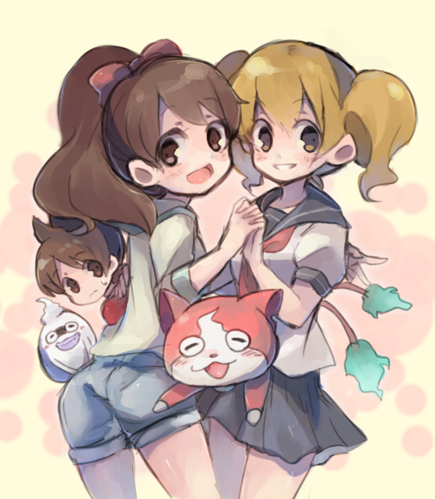 jibanyan, whisper, amano keita, kodama fumika, and emi-chan (youkai watch) drawn by nankai