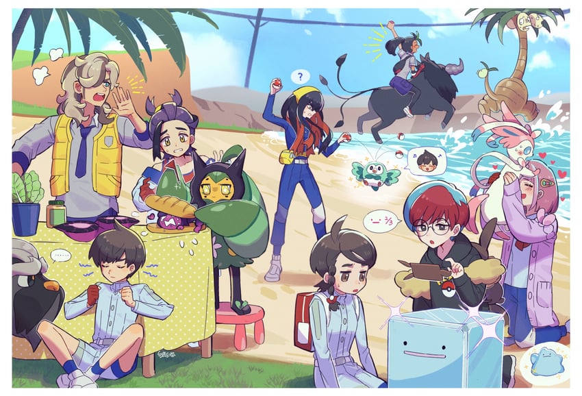 kieran, rotom, rowlet, juliana, sylveon, and 14 more (pokemon and 1 more) drawn by nai_gai_hongcha
