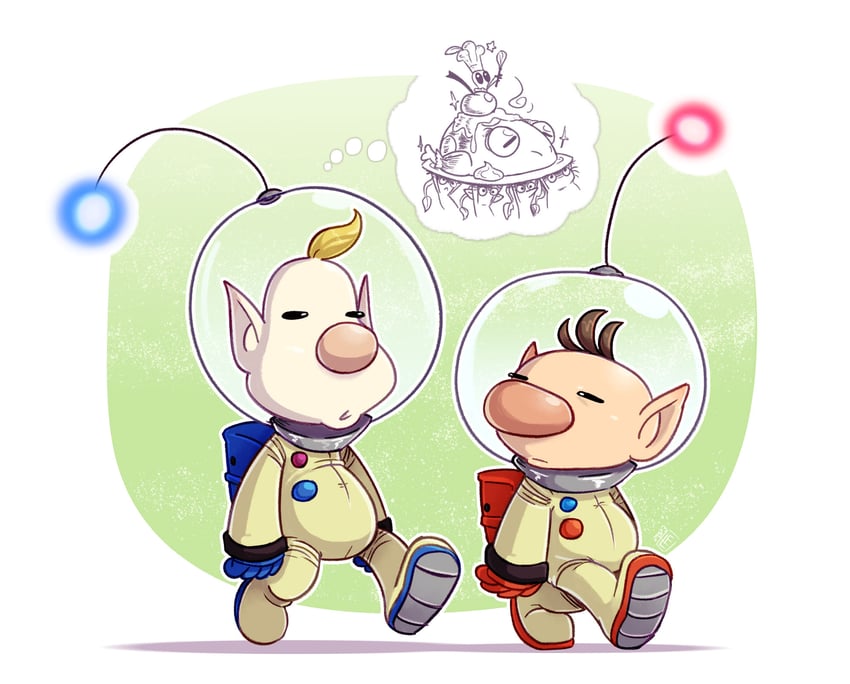red pikmin, olimar, yellow pikmin, blue pikmin, purple pikmin, and 3 more (pikmin) drawn by francois.l