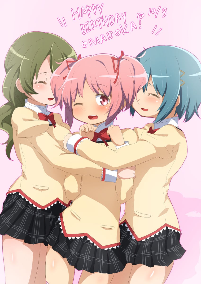 kaname madoka, miki sayaka, and shizuki hitomi (mahou shoujo madoka magica) drawn by abutomato