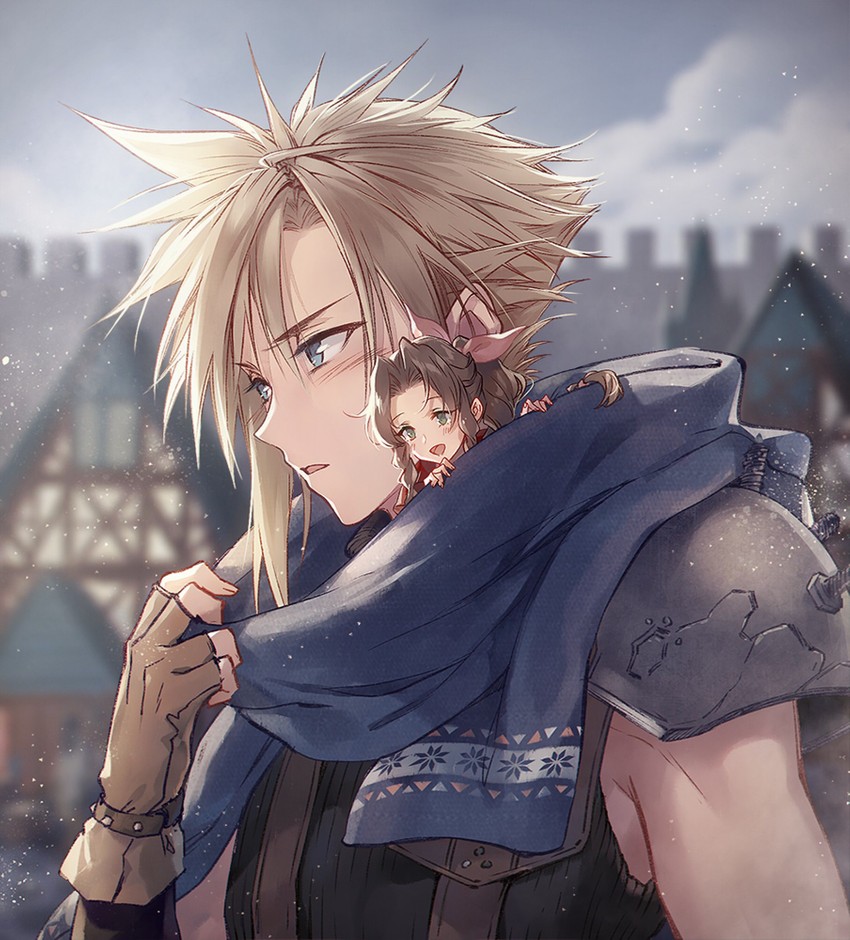 cloud strife and aerith gainsborough (final fantasy and 2 more) drawn by kieta