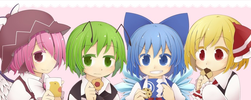 cirno, rumia, mystia lorelei, and wriggle nightbug (touhou) drawn by jagabutter