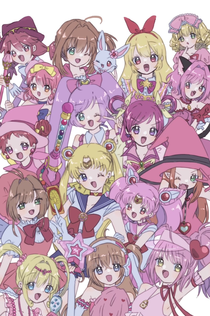 kinomoto sakura, tsukino usagi, sailor moon, chibi usa, hoshimiya ichigo, and 14 more (precure and 16 more) drawn by atat_karubi