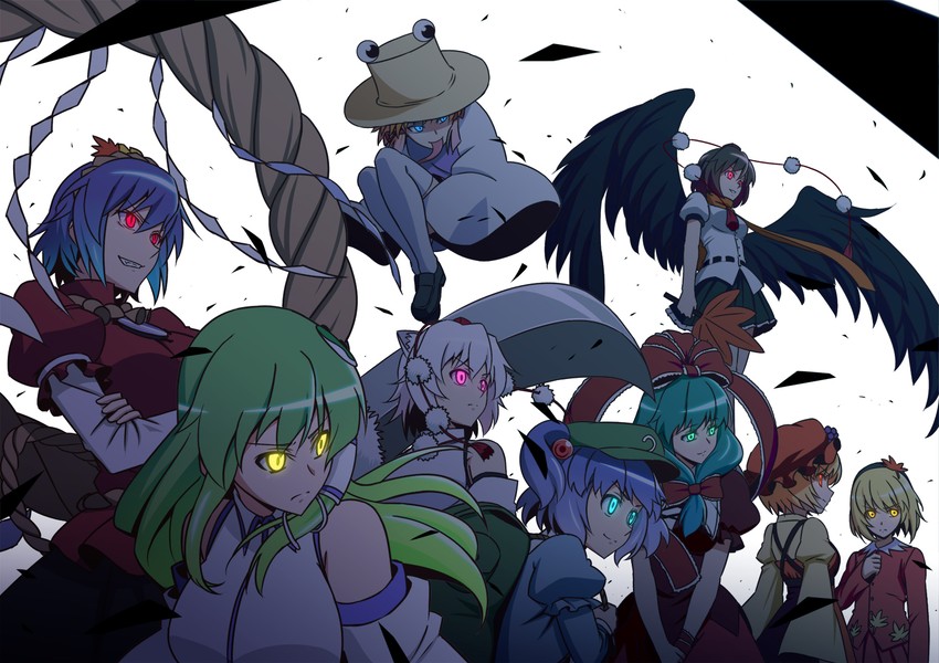 kochiya sanae, shameimaru aya, inubashiri momiji, moriya suwako, kawashiro nitori, and 4 more (touhou and 1 more) drawn by h-new