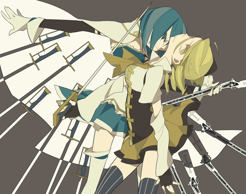 miki sayaka and tomoe mami (mahou shoujo madoka magica) drawn by mochizuki_kei