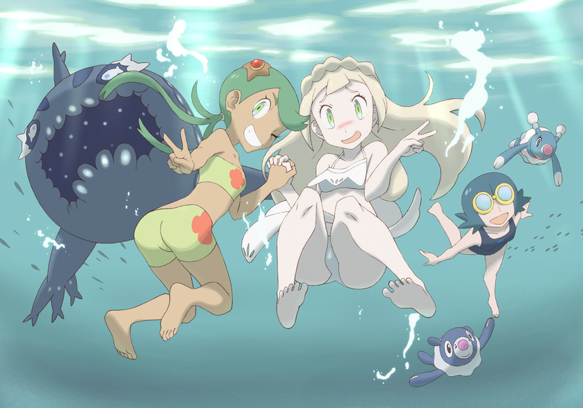 lillie, lana, mallow, popplio, staryu, and 2 more (pokemon and 1 more) drawn by nomura_(buroriidesu)