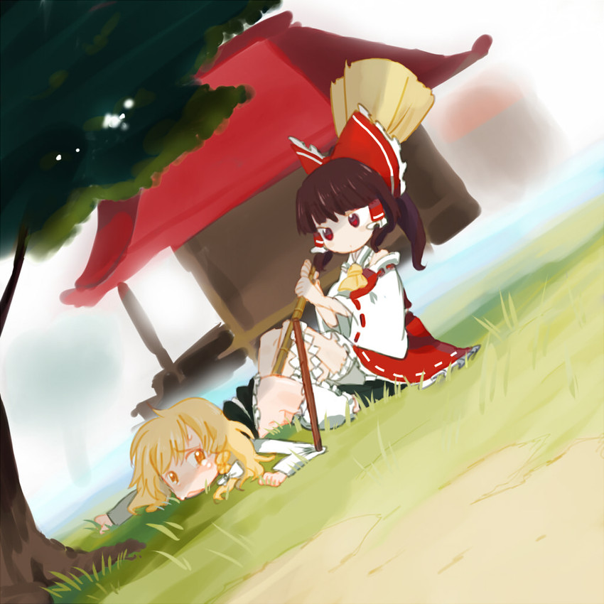 hakurei reimu and kirisame marisa (touhou) drawn by hachi_(8bit_canvas)