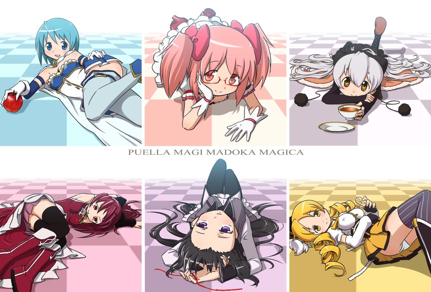 akemi homura, kaname madoka, miki sayaka, sakura kyoko, tomoe mami, and 1 more (mahou shoujo madoka magica and 1 more) drawn by sat-c