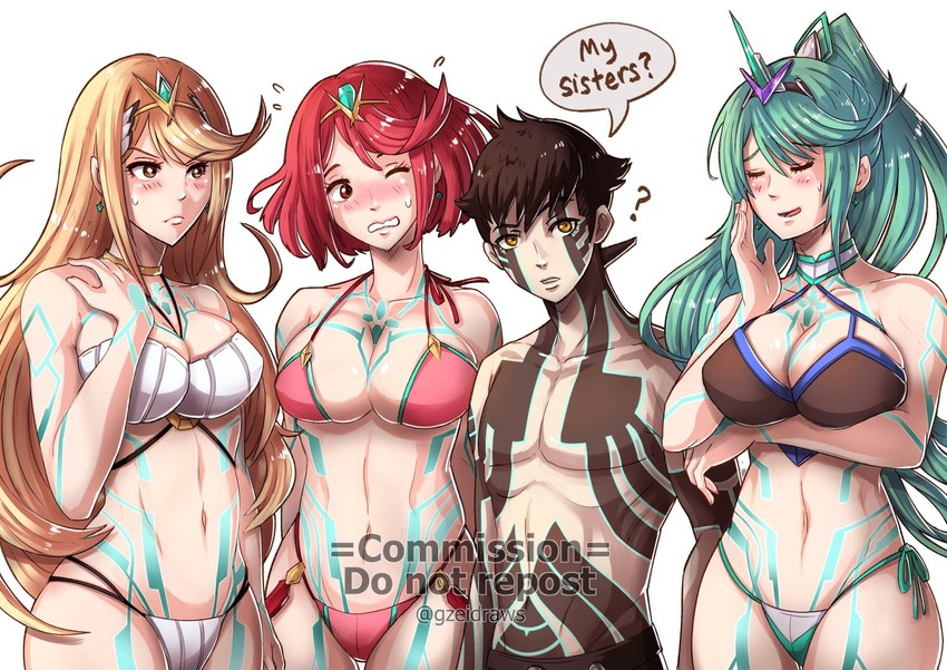 pyra, mythra, pneuma, and demi-fiend (xenoblade chronicles and 3 more) drawn by gzei