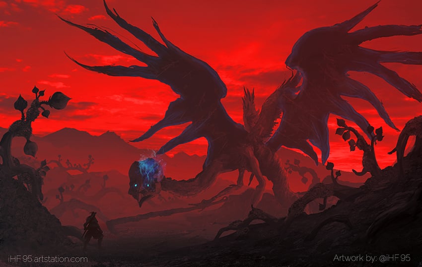 tarnished, bloody wolf, and death rite bird (elden ring) drawn by ihf95