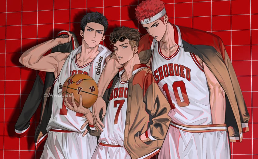 sakuragi hanamichi, miyagi ryouta, and mitsui hisashi (slam dunk) drawn by 14ho_sd