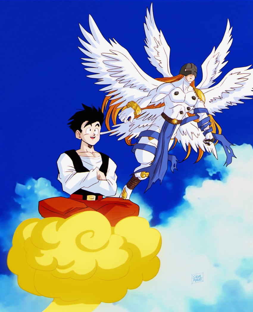 son gohan and angemon (dragon ball and 3 more) drawn by salvamakoto